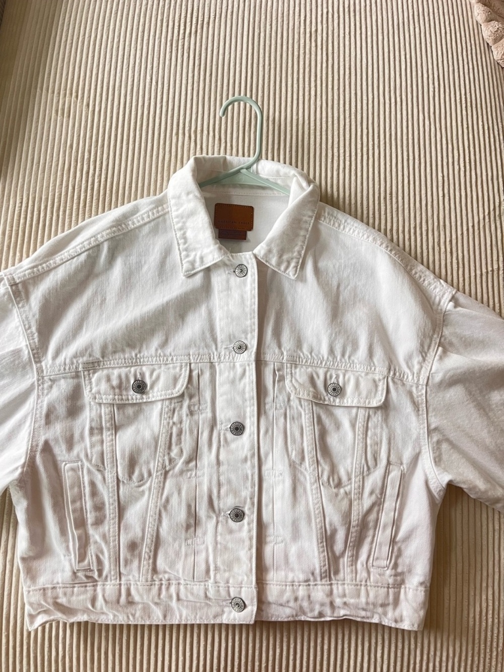 AE Tomgirl Denim Cropped Bomber Jacket White American Eagle Outfitters